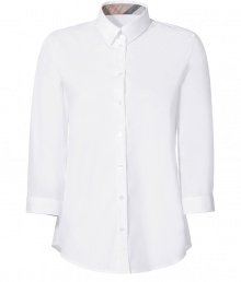 Build the foundations of your polished workweek looks with Burberry Londons crisp cotton 3/4 sleeve button-down - Classic collar with trench tan check lining, 3/4 length sleeves, buttoned cuffs, button-down front, shirttail hemline - Tailored fit - Wear with everything from jeans and flats to pencil skirts and heels Build the foundations of your polished workweek looks with Burberry Londons crisp cotton 3/4 sleeve button-down - Classic collar with trench tan check lining, 3/4 length sleeves, buttoned cuffs, button-down front, shirttail hemline - Tailored fit - Wear with everything from jeans and flats to pencil skirts and heels