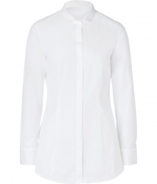 With its crisp cotton stretch and pristine petite collar, Brunello Cucinellis long sleeve shirt is a sleek choice for effortless everyday elegance - Petite mandarin-style collar, long sleeves, buttoned cuffs, hidden front button panel, shirttail hemline - Tailored fit - Wear with slim-fit separates, a luxe cashmere knit and ankle boots