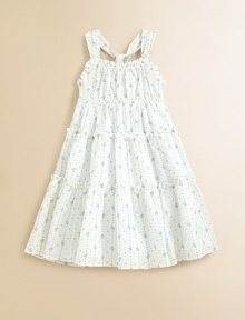 A timeless frock is adorned with a sweet floral print, a tiered silhouette and complementary ruffles.Straight necklineCross-back strapsBack smockingFlared hemCottonMachine washImported A timeless frock is adorned with a sweet floral print, a tiered silhouette and complementary ruffles.Straight necklineCross-back strapsBack smockingFlared hemCottonMachine washImported