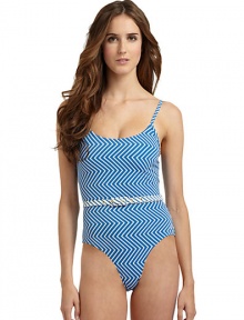 THE LOOKZigzag stripes patternAdjustable shoulder strapsScoop necklineContrast zigzag belt with buckleHigh cut leg openingsLogo-embossed button at sideTHE MATERIAL80% nylon/20% spandexCARE & ORIGINHand washImported THE LOOKZigzag stripes patternAdjustable shoulder strapsScoop necklineContrast zigzag belt with buckleHigh cut leg openingsLogo-embossed button at sideTHE MATERIAL80% nylon/20% spandexCARE & ORIGINHand washImported