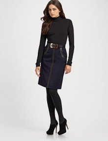 A simply classic long sleeve design. Mock turtleneck Short concealed back zip Pull-on style About 35½ from shoulder to hem 70% rayon/25% polyamide/5% spandex Dry clean Imported A simply classic long sleeve design. Mock turtleneck Short concealed back zip Pull-on style About 35½ from shoulder to hem 70% rayon/25% polyamide/5% spandex Dry clean Imported