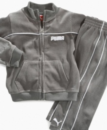 Out on the playground or in the playroom, he'll be cute and comfy in this velour jacket and pants set by Puma. Out on the playground or in the playroom, he'll be cute and comfy in this velour jacket and pants set by Puma.