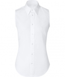 With a clean tailored look and timeless-classic styling, Ralph Laurens sleeveless white button-down counts as work-to-weekend must - Pointed collar, sleeveless, button-down front, shirttail hemline - Tailored fit - Wear with a pencil skirt and blazer for a chic work look, or try with a casual pullover and jeans for off-duty days With a clean tailored look and timeless-classic styling, Ralph Laurens sleeveless white button-down counts as work-to-weekend must - Pointed collar, sleeveless, button-down front, shirttail hemline - Tailored fit - Wear with a pencil skirt and blazer for a chic work look, or try with a casual pullover and jeans for off-duty days
