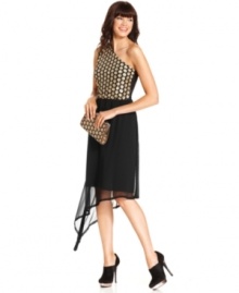 Sequined polka dots add high shine to this RACHEL Rachel Roy asymmetrical dress -- perfect for a stylish night out!