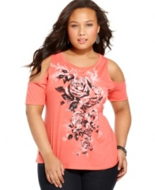 Show off your shoulders with L8ter's printed plus size top, featuring on-trend cutouts. Show off your shoulders with L8ter's printed plus size top, featuring on-trend cutouts.