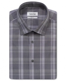 Pick up your daytime desk look with a bit of plaid on this handsome dress shirt from Calvin Klein.