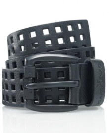 Toss aside the boring belts and try your luck on an edgier accessory with Mark Ecko's perforated leather belt finished with miniature dice at the buckle.