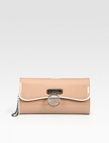 Signature flap-front bag crafted from sleek patent leather and finished with a logo medallion.Removable shoulder strap, 9½ dropFlap-front closure with slotOne inside zip pocketSignature red lining10¼W X 5¼H X 2¼DMade in Italy