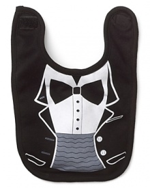 A white bib with tuxedo graphic and Black bib optional printed on front. A white bib with tuxedo graphic and Black bib optional printed on front.