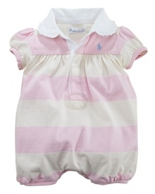 Taking a sporty style and making it feminine, a classic striped rugby is transformed into a supremely sweet shortall with pretty ruffles for a finishing touch. Taking a sporty style and making it feminine, a classic striped rugby is transformed into a supremely sweet shortall with pretty ruffles for a finishing touch.