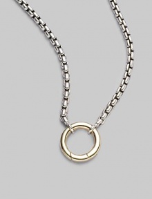 A simple ring of 18k gold hangs from a sterling silver box chain, lovely on its own, even lovelier when you add a dazzling charm. Sterling silver and 18k yellow gold Chain length, about 24 Pendant diameter, about ½ Lobster clasp Imported A simple ring of 18k gold hangs from a sterling silver box chain, lovely on its own, even lovelier when you add a dazzling charm. Sterling silver and 18k yellow gold Chain length, about 24 Pendant diameter, about ½ Lobster clasp Imported