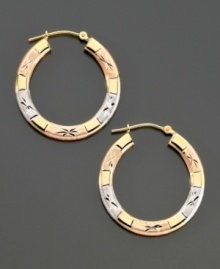 Cool colors, subtle engravings and pretty textures take 14k gold hoop earrings to a whole new level. Cool colors, subtle engravings and pretty textures take 14k gold hoop earrings to a whole new level.