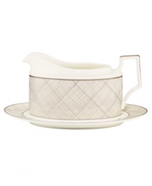 Dressed in a fine diamond grid of bronze and warm taupe, this gravy server is tailored for formal dining and everyday elegance. A hooked handle architects a unique silhouette to enhance more classic bone china essentials. From Noritake's collection of serveware and serving dishes. Dressed in a fine diamond grid of bronze and warm taupe, this gravy server is tailored for formal dining and everyday elegance. A hooked handle architects a unique silhouette to enhance more classic bone china essentials. From Noritake's collection of serveware and serving dishes.