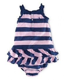 Sure to be a summer essential, an airy cotton jersey dress is crafted in a bold, striped pattern and finished with a flurry of ruffles.