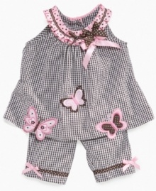 Hearts will be aflutter when they see her in this butterfly detailed shirt and pant outfit from Rare Editions. Hearts will be aflutter when they see her in this butterfly detailed shirt and pant outfit from Rare Editions.