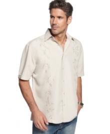 Climb to the top of casual style in this fun shirt with embroidered palm trees from Cubavera.