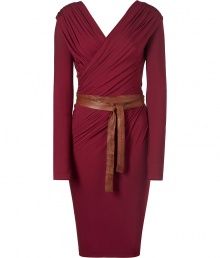 Luxurious wine dress in soft stretch viscose - beautifully soft and flattering jersey - a modern classic from the Donna Karan collection - wrap dress with elegant draping and feminine V -neck decollete - slim, figure -hugging, with sexy tailoring and long sleeves - a fashionable leather belt accentuates this style perfectly - classic knee-length pencil skirt - a very special dress for all your special occasions, from business dinners to cocktail parties - a favorite choice for the style conscious woman. conservative and always in good taste - wear with brown pumps or sandals