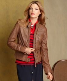 Add a luxe touch to fall in Tommy Hilfiger's bomber jacket, rendered in buttery soft leather.