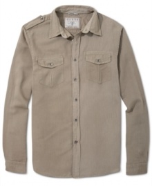 Add this military-inspired shirt from Guess to your rotation of fall-weather wear. Add this military-inspired shirt from Guess to your rotation of fall-weather wear.
