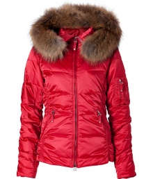 With its allover sheen and radiant red hue, Jet Sets quilted down parka is a must for sporty ski-chic looks - Stand-up collar with raccoon trimmed hood, ruched long sleeves, ribbed knit cuffs, two-way front zip, zippered pockets, longer back, printed lining with zippered and snapped pockets, inside zip-away fitted waist band with snap closures and silicon around the bottom for hold - Form-fitting - Wear with sporty trousers and winter weather boots With its allover sheen and radiant red hue, Jet Sets quilted down parka is a must for sporty ski-chic looks - Stand-up collar with raccoon trimmed hood, ruched long sleeves, ribbed knit cuffs, two-way front zip, zippered pockets, longer back, printed lining with zippered and snapped pockets, inside zip-away fitted waist band with snap closures and silicon around the bottom for hold - Form-fitting - Wear with sporty trousers and winter weather boots