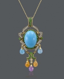 Elevate your look with extraordinary design. Necklace from CARLO VIANI® features a prominent turquoise stone (10 mm) surrounded by round-cut, natural brown diamond (1/2 ct. t.w.), blue topaz (2-3/4 ct. t.w.), citrine (2-1/10 ct. t.w.), amethyst (1 ct. t.w.), and tsavorite (3/4 ct. t.w.). Set in 14k gold. Approximate length: 18 inches. Approximate drop: 2-1/4 inches. Elevate your look with extraordinary design. Necklace from CARLO VIANI® features a prominent turquoise stone (10 mm) surrounded by round-cut, natural brown diamond (1/2 ct. t.w.), blue topaz (2-3/4 ct. t.w.), citrine (2-1/10 ct. t.w.), amethyst (1 ct. t.w.), and tsavorite (3/4 ct. t.w.). Set in 14k gold. Approximate length: 18 inches. Approximate drop: 2-1/4 inches.