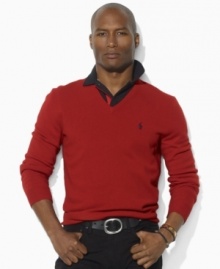 A classic V-neck sweater is crafted from luxe Italian wool, making it the perfect preppy layering piece as the temperature begins to cool.