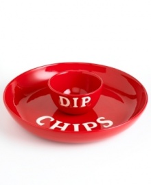 Snack with a side of fun. Tomato-red earthenware with white block letters gives this chip and dip set a cool, novelty feel. From Tabletops Unlimited's collection of serveware and serving dishes. Snack with a side of fun. Tomato-red earthenware with white block letters gives this chip and dip set a cool, novelty feel. From Tabletops Unlimited's collection of serveware and serving dishes.