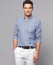 Fine lines. this striped shirt from Tommy Hilfiger is a no-brainer with casual chinos. Fine lines. this striped shirt from Tommy Hilfiger is a no-brainer with casual chinos.