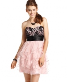 Dark accents add edge to this blush-tone party dress from Roberta, while a full, ruffled skirt and lace-covered bodice supply major feminine style! Dark accents add edge to this blush-tone party dress from Roberta, while a full, ruffled skirt and lace-covered bodice supply major feminine style!