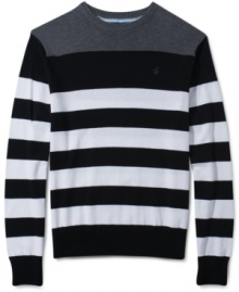 Bold stripes give this cozy Rocawear sweater a modern style. Bold stripes give this cozy Rocawear sweater a modern style.