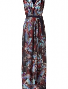 Luxurious dress in printed silk - Abstract floral print in brown and blue tones - Short V-neck d?collet? - The top is draped in small smocked folds, is sleeveless - Narrow waist belt - Slim, floor-length pleated skirt - The dress is a mix of cocktail and evening dress, perfect for a not too grand, but glamorous evening