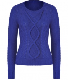 Elegant sweater in fine, royal blue merino wool has a classic knit design with a modern twist - Narrow silhouette with round neckline and long sleeves - Decorative ribbed trim - Favorite basic with tube pants, baggy pants, skinny jeans or corduroys