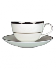 Set the table with elegance. A slightly textured pearlescent and platinum border melds with creamy white bone china to bring grace and style to any decor. Set the table with elegance. A slightly textured pearlescent and platinum border melds with creamy white bone china to bring grace and style to any decor.