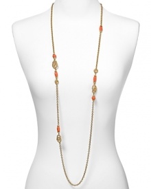 Exotic-inspired jewelry is a chic way to update your wardrobe this season, and T Tahari's beaded necklace is a bold choice. It's coral beads and gold-tone stations add a colorful flourish to every neckline. Exotic-inspired jewelry is a chic way to update your wardrobe this season, and T Tahari's beaded necklace is a bold choice. It's coral beads and gold-tone stations add a colorful flourish to every neckline.