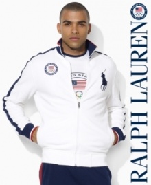 A versatile track jacket in a trim modern fit is crafted from stretch cotton mesh with athletic stripes and country details, celebrating Team USA's participation in the 2012 Olympics. A versatile track jacket in a trim modern fit is crafted from stretch cotton mesh with athletic stripes and country details, celebrating Team USA's participation in the 2012 Olympics.