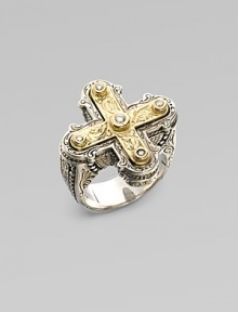 Brilliant diamonds and radiant 18k gold cross inset in beautifully detailed sterling silver. Sterling silver18k goldDiamonds, .09 tcwWidth, about 1Imported 