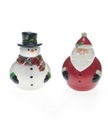 Two of the most iconic holiday characters are paired up for this hand-painted salt and pepper shaker set from the Certified International Christmas Cut-Outs collection. Two of the most iconic holiday characters are paired up for this hand-painted salt and pepper shaker set from the Certified International Christmas Cut-Outs collection.