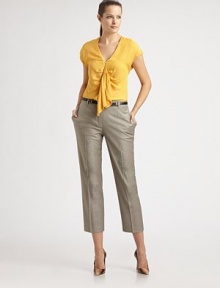 Sleek and cropped, this design features convenient front and back pockets, a chic skinny belt, a hint of sheen for an elegant look and stretch for a phenomenal fit.Hook-and-eye closureZip flyBelt loopsSkinny belt includedSlash pocketsWelt back pocketsFully linedInseam, about 2760% virgin wool/37% viscose/3% elastaneDry cleanImported Model shown is 5'10 (177cm) wearing US size 4. 