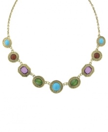 Color your world. 2028's vibrant adjustable necklace features cabochon stones in turquoise, carnelian red, amethyst purple and jade green. Set in gold tone mixed metal. Approximate length: 16 inches + 3-inch extender. Color your world. 2028's vibrant adjustable necklace features cabochon stones in turquoise, carnelian red, amethyst purple and jade green. Set in gold tone mixed metal. Approximate length: 16 inches + 3-inch extender.