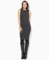 Lauren Ralph Lauren's timeless knit petite sheath dress is finished with faux-leather trim at the neckline for a modern edge.