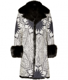Ladylike style goes luxe with this psychedelic-inspired printed coat from Etro boasting a sumptuous fox fur lining - Large fur collar, long sleeves with fur cuffs, concealed front placket with fur trim, all-over print - Straight tailored fit - Pair with a slinky cocktail sheath, classic black strappy heels, and simple clutch Ladylike style goes luxe with this psychedelic-inspired printed coat from Etro boasting a sumptuous fox fur lining - Large fur collar, long sleeves with fur cuffs, concealed front placket with fur trim, all-over print - Straight tailored fit - Pair with a slinky cocktail sheath, classic black strappy heels, and simple clutch