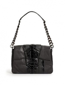 THE LOOKRectangular silhouetteMagnetic flap with glazed python strap tab closureRemovable python and handmade wood shoulder chainOne outside open pocketThree center compartmentsOne inside zip pocketOne inside open pocket with metal logoTHE FITShoulder chain, 13 drop12W X 8½H X 3DTHE MATERIALPythonMicrofiber liningORIGINMade in Italy THE LOOKRectangular silhouetteMagnetic flap with glazed python strap tab closureRemovable python and handmade wood shoulder chainOne outside open pocketThree center compartmentsOne inside zip pocketOne inside open pocket with metal logoTHE FITShoulder chain, 13 drop12W X 8½H X 3DTHE MATERIALPythonMicrofiber liningORIGINMade in Italy