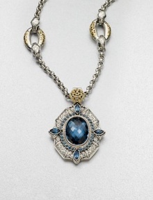 Faceted, rich London blue topaz and blue topaz stones set in an intricately designed enhancer accented with radiant 18k gold. London blue topazBlue topazSterling silver18k goldSize, about 2Fixed baleImported Please note: Necklace sold separately. Faceted, rich London blue topaz and blue topaz stones set in an intricately designed enhancer accented with radiant 18k gold. London blue topazBlue topazSterling silver18k goldSize, about 2Fixed baleImported Please note: Necklace sold separately.