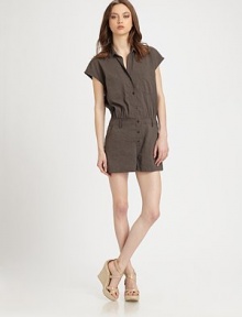 Channel safari vibes in a linen-rich jumpsuit, equipped with cap sleeves, four-pocket styling and a convenient button front. Point collarCap sleevesFront patch pocketsButton frontBanded drop waistSlash pocketsBack patch pocketsFully linedInseam, 362% linen/36% viscose/2% elastaneDry cleanMade in USA of Italian fabricModel shown is 5'10 (177cm) wearing US size 4.