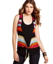 Invigorate your top options with this fun style from REIGN, where a striped chiffon overlay adds color value to a basic tank!