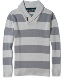 Keep warm in this handsome and sporty pullover stripe shawl sweater by Retrofit.