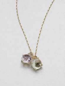 Faceted cabochons of softly hued green and rose de France amethyst sit in stunning sculptural settings of 14k gold, hanging from a graceful barley-link chain.Rose de France and green amethyst14k yellow goldChain length, about 16Pendant length, about ¼Spring ring claspMade in USA Faceted cabochons of softly hued green and rose de France amethyst sit in stunning sculptural settings of 14k gold, hanging from a graceful barley-link chain.Rose de France and green amethyst14k yellow goldChain length, about 16Pendant length, about ¼Spring ring claspMade in USA