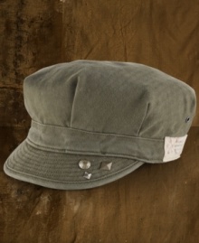 Paint splatters and antiqued metal rivets toughen up a herringbone-twill military cap for an edgy addition that goes with everything. Paint splatters and antiqued metal rivets toughen up a herringbone-twill military cap for an edgy addition that goes with everything.