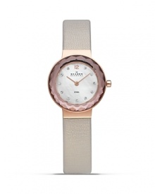 Stainless steel and leather bracelet watch from Skagen with a faceted silver dial and crystal markers. This understated timepiece boasts a slim profile and advanced Japanese quartz movement for a sleek combination of form and function. Stainless steel and leather bracelet watch from Skagen with a faceted silver dial and crystal markers. This understated timepiece boasts a slim profile and advanced Japanese quartz movement for a sleek combination of form and function.