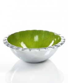 Full of surprises, this handcrafted salad bowls set from the Simply Designz collection of serveware and serving dishes pairs sleek, polished aluminum with a fluted edge and electric lemongrass hue. A beautiful way to serve greens, pasta and more. Full of surprises, this handcrafted salad bowls set from the Simply Designz collection of serveware and serving dishes pairs sleek, polished aluminum with a fluted edge and electric lemongrass hue. A beautiful way to serve greens, pasta and more.